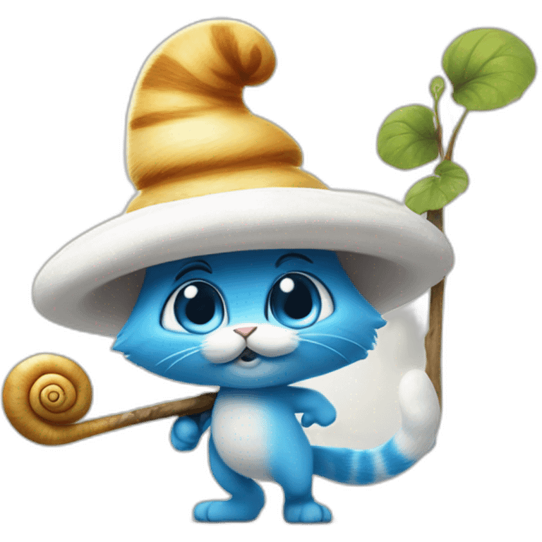 smurf cat with white hat and a snail on its back walking on the stick emoji