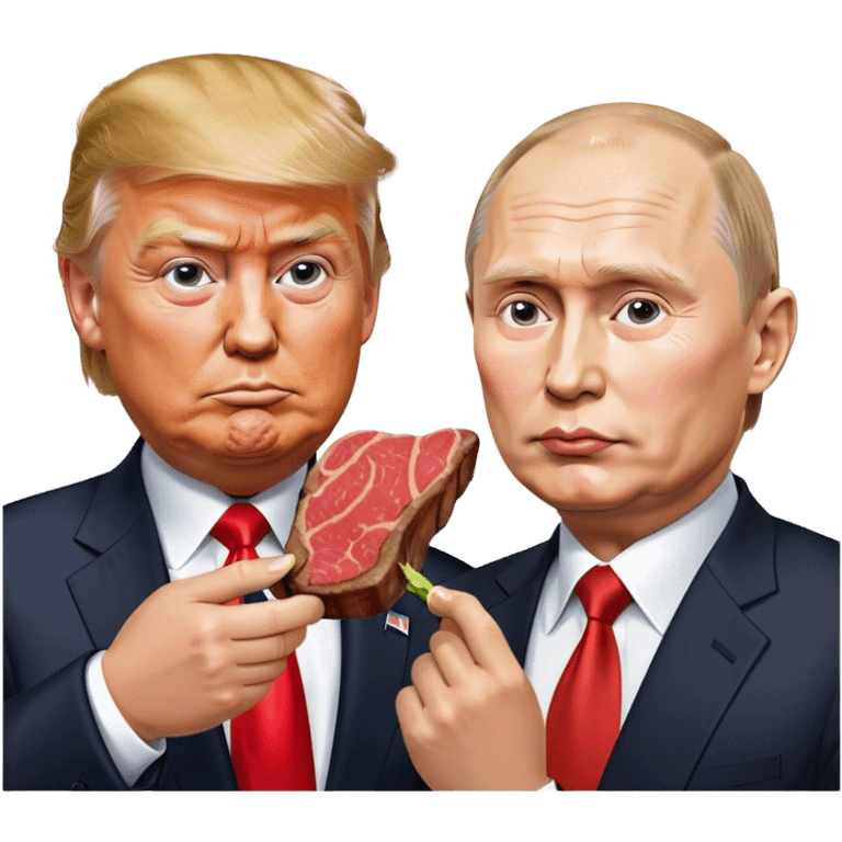 photorealistic Donald Trump and Putin eating a steak shaped like an piece of land emoji