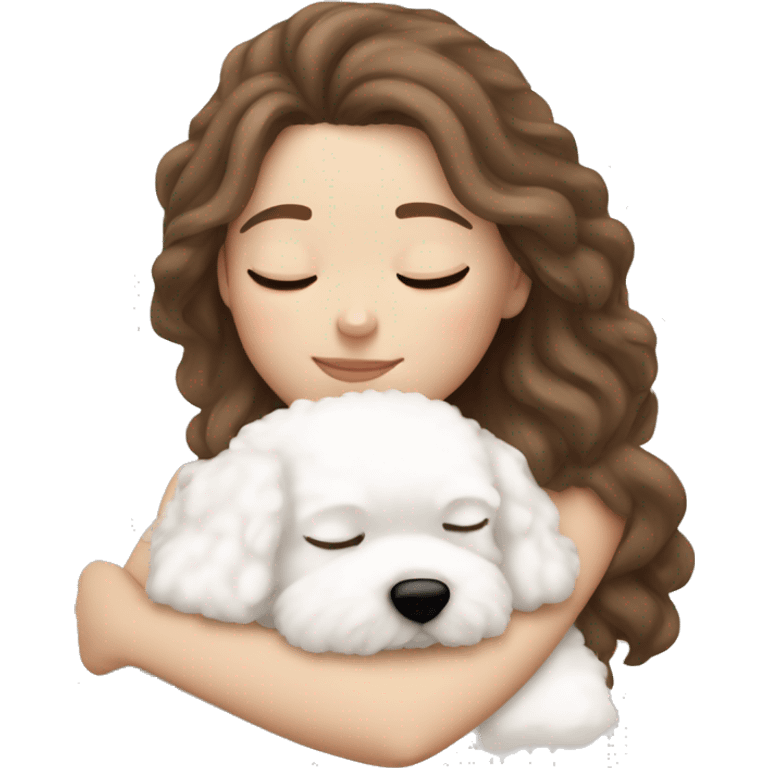 White girl brown hair sleeping with Mini Bichon emoji