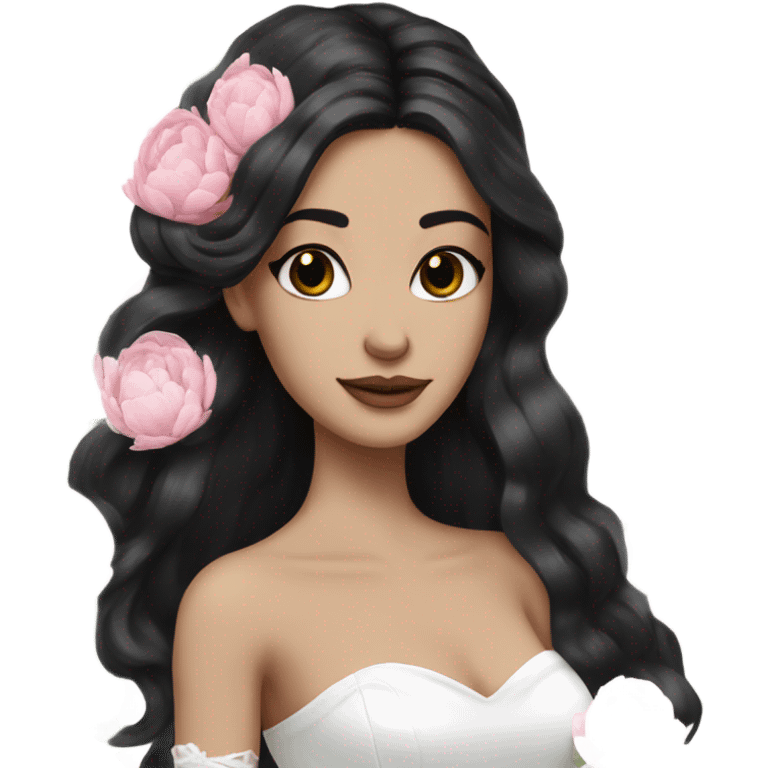 White bride with long black hair and brown eyes with light pink peonies in hair white skin  emoji