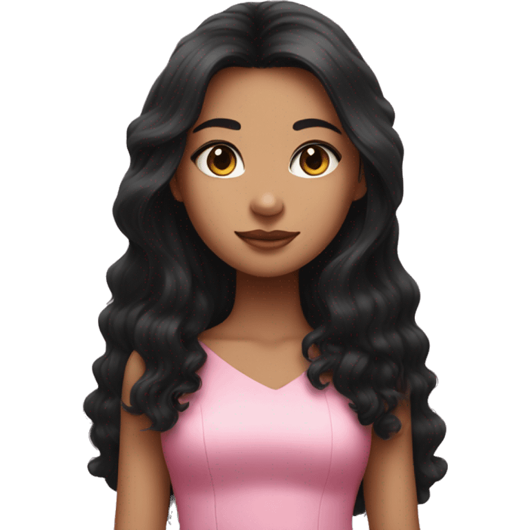 girl with long black hair in a pink dress with a black fluffy big cat emoji