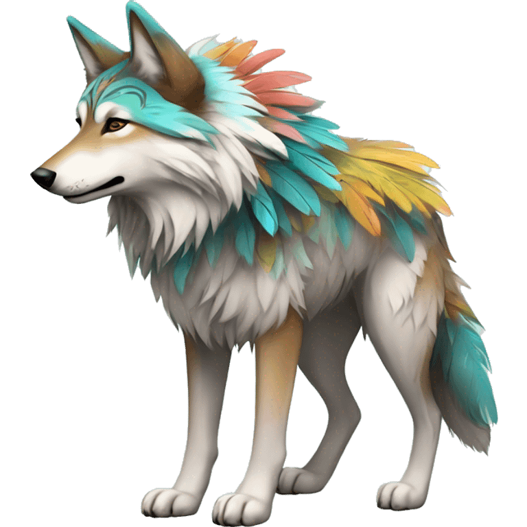 Fluffy Shy Colorful Spiritual Shamanic Wolf With Shiny Tribal Markings wearing feathers Full Body emoji