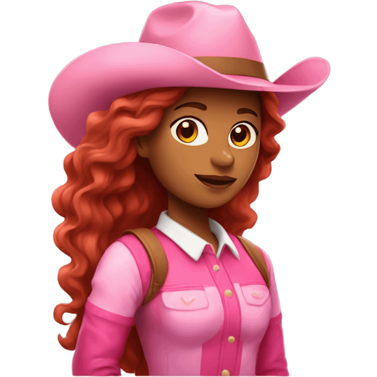 Latina girl with long red wavy hair and pink hat and pink boots riding a horse emoji