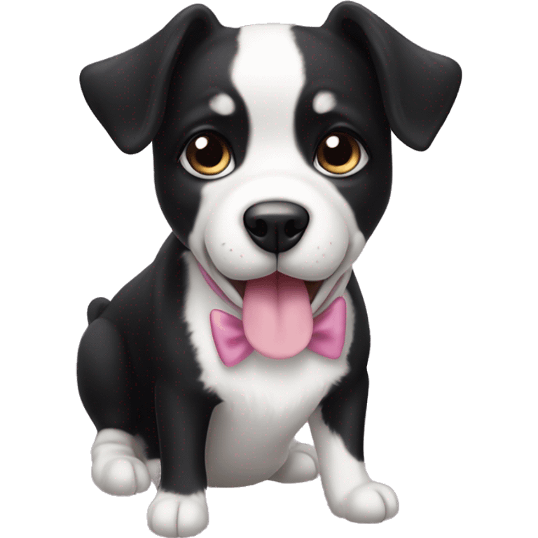 young black and white tuxedo dog with round eyes, a pink tongue  emoji