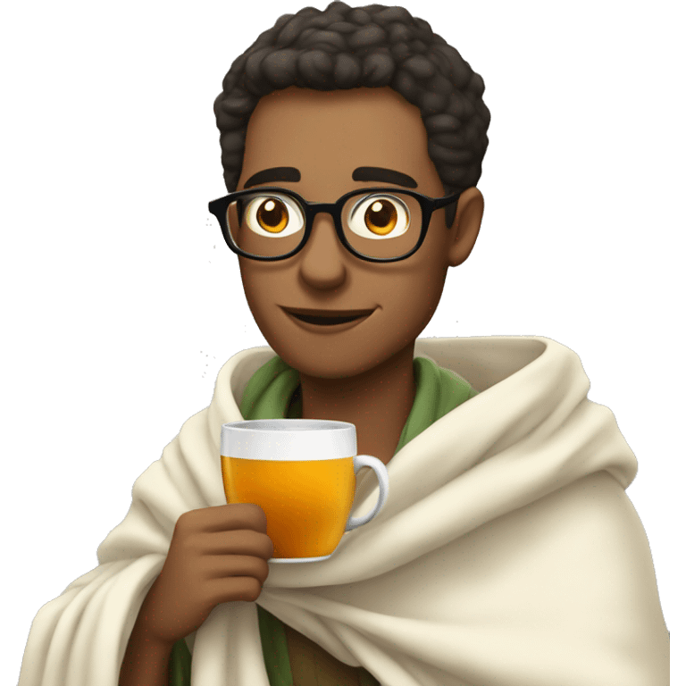 a guy in glasses drinking tea in a blanket emoji