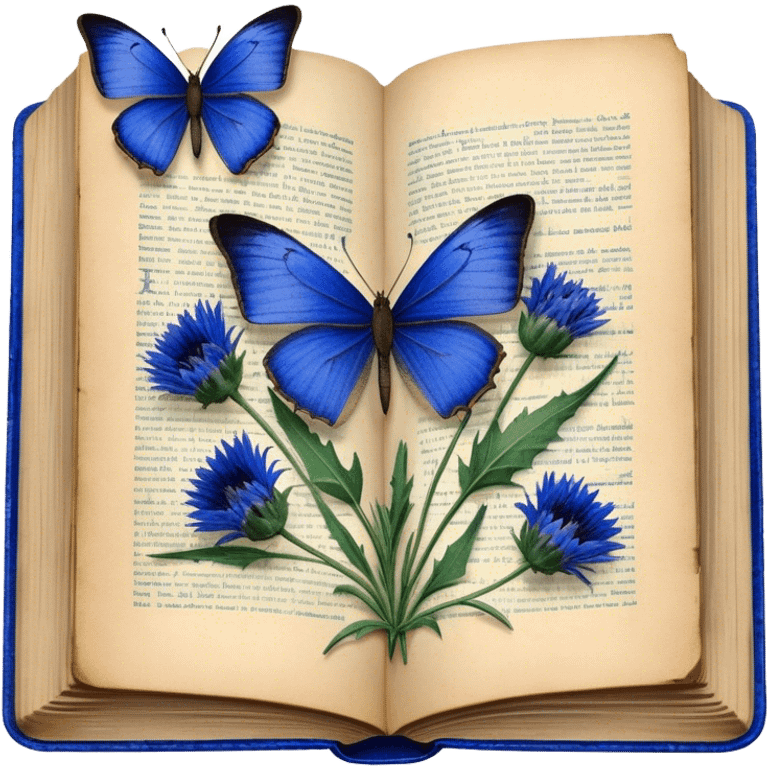 A vintage book with a worn blue cover, open to reveal pressed blue cornflowers and a resting green butterfly. emoji