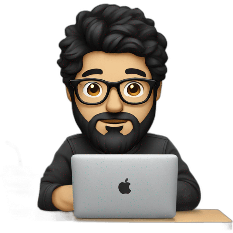 Designer with black hair, beard and glasses working with MacBook and drinking cappuccino  emoji