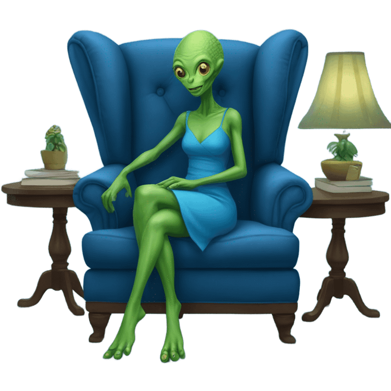 green alien reptilian woman in blue dress, sitting on a blue couch  emoji