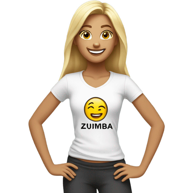 Blond girl smiling in with Zumba logo on white t-shirt emoji