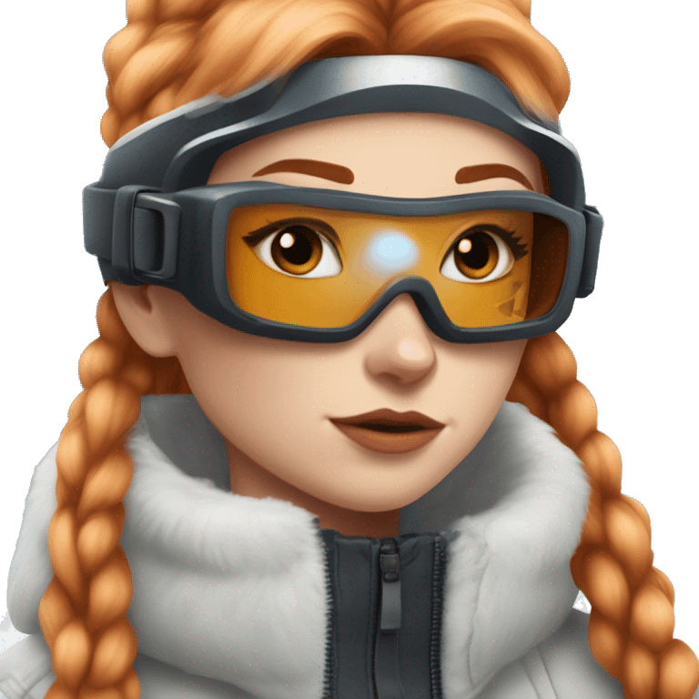 White fair skin, straight hair in a wolf cut, ginger coloured hair, grundge aesthetic, beautiful face, ski goggles on her hair emoji