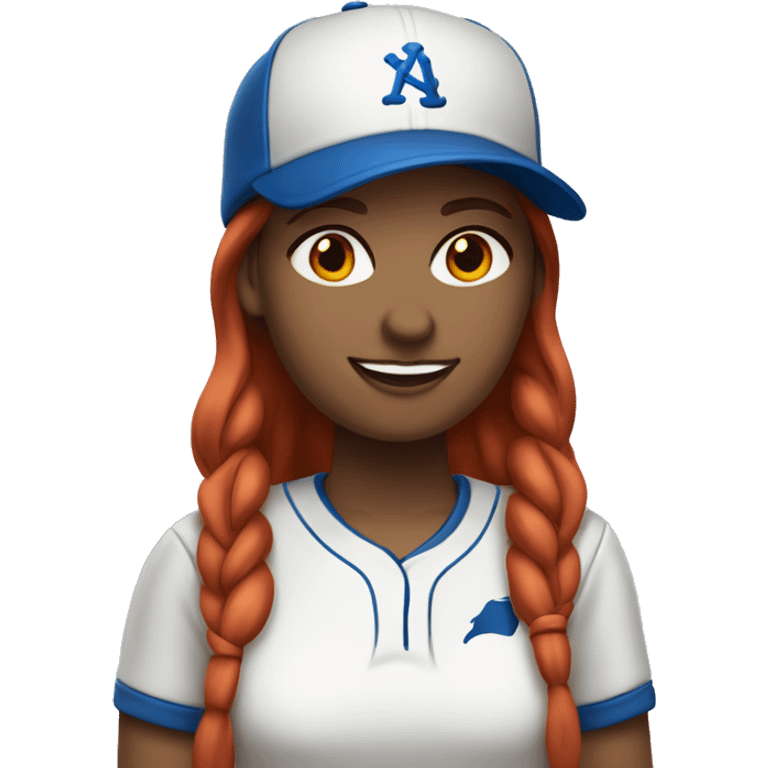 front facing standing up female coach with long red hair, wearing a white t-shirt and a simple baseball blue hat emoji