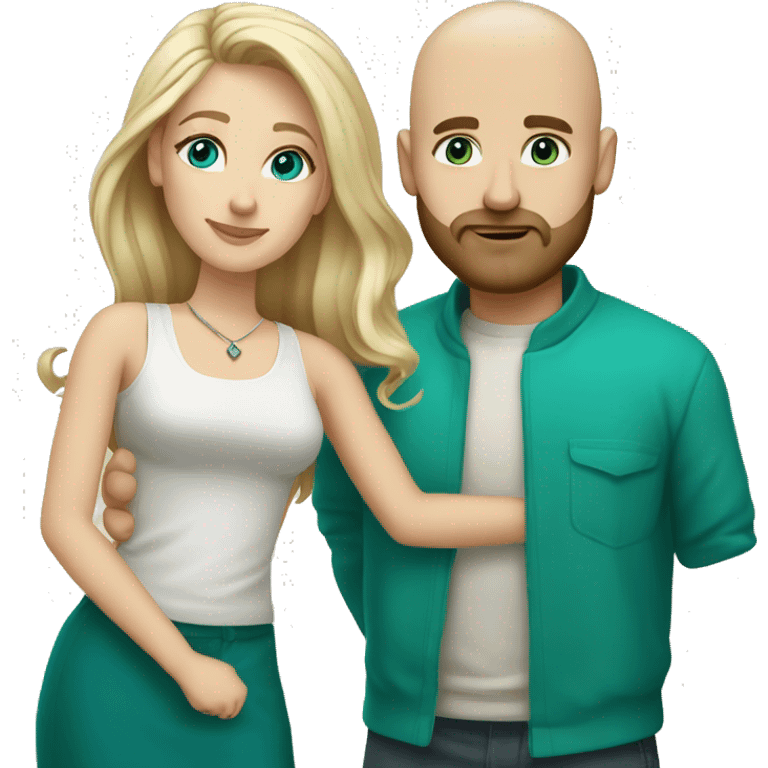 White couple. Male bald with beard. Aqua eyes. Woman long blonde brown highlight hair. 35. Teal eyes.  emoji