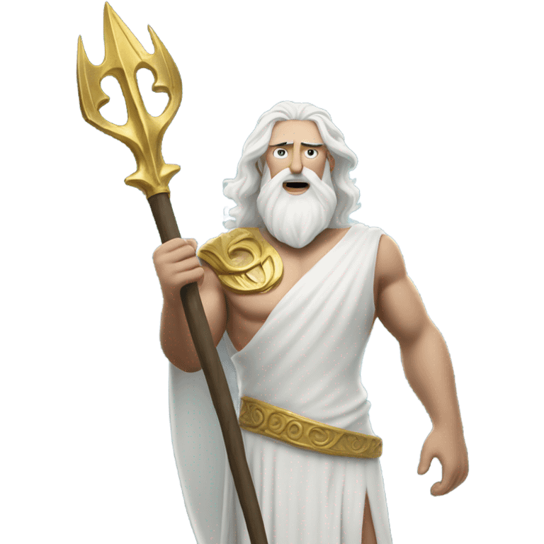 white man Poseidon with gold Trident. long white hair white dress. soot on face emoji