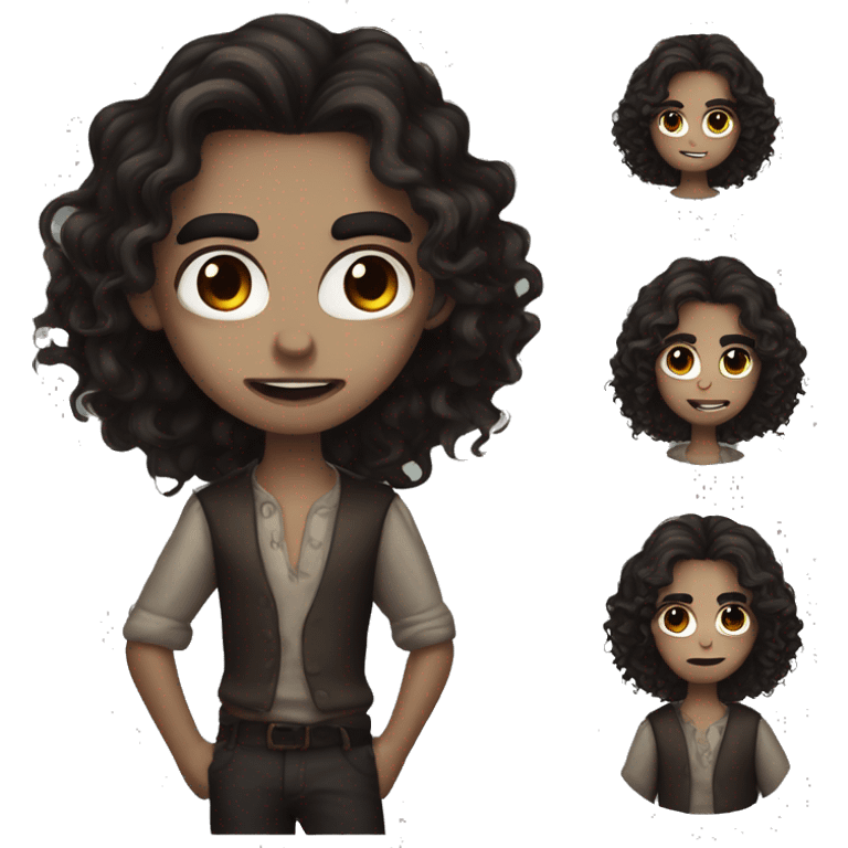 feminine boy with very long curly dark brown hair and brown eyes fair skin vampire emoji