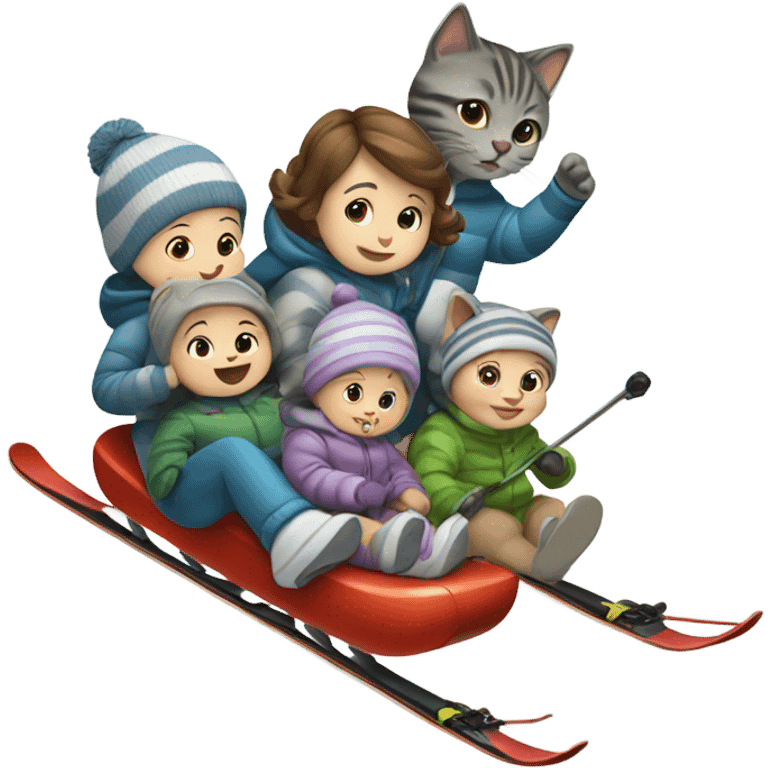 Baby skiing with its family of five, and their grey striped cat emoji