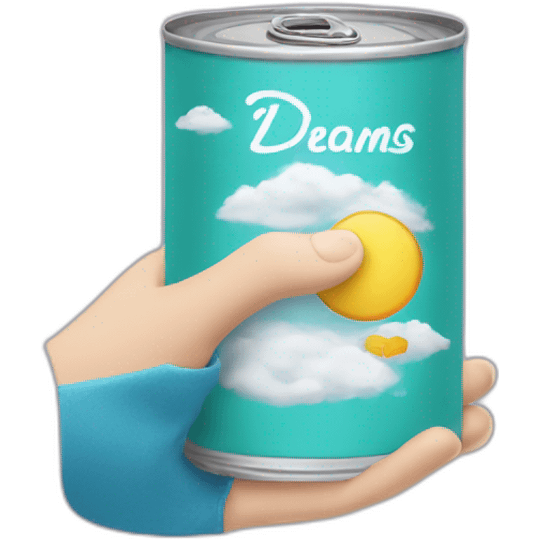 hand holding a can of product with clouds written dreams emoji