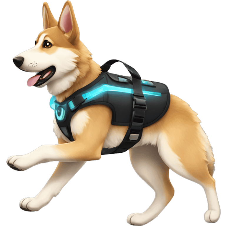  German shepherd husky fluffy ears and holographic harness running emoji