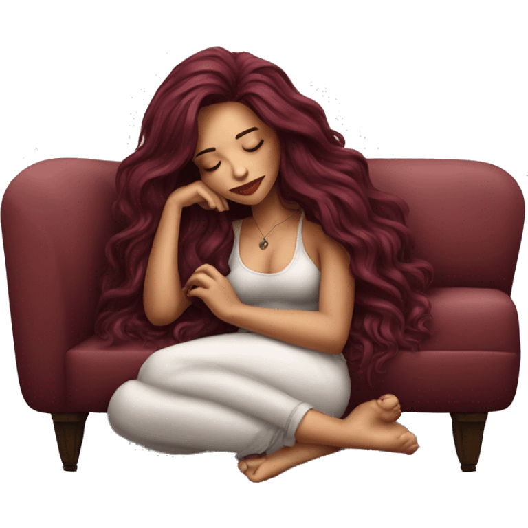 Beautiful tattooed burgundy long haired woman napping on sofa emoji