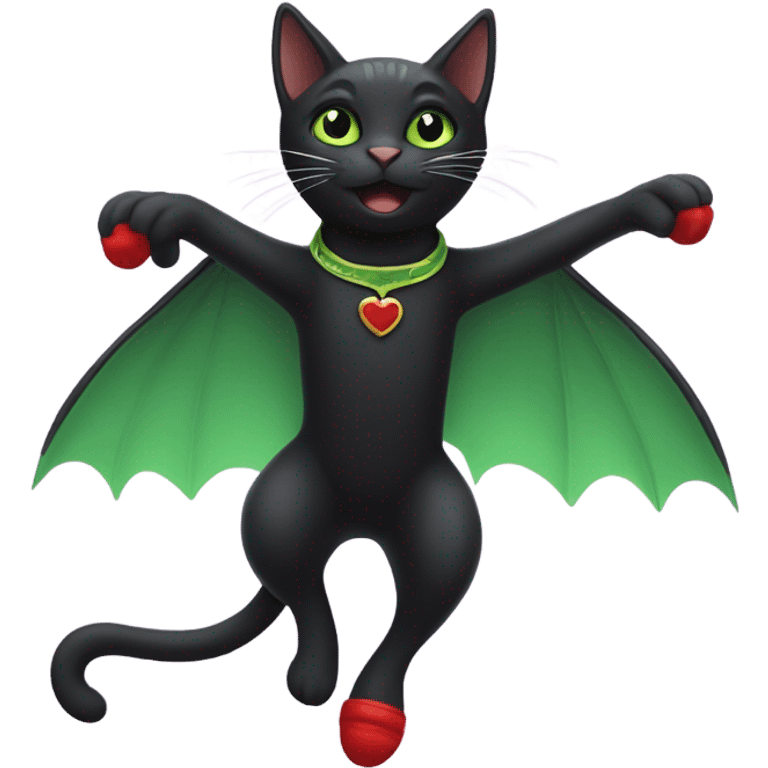 Black cat with green eyes flying in the sky without wings no wings with red cats shoes emoji