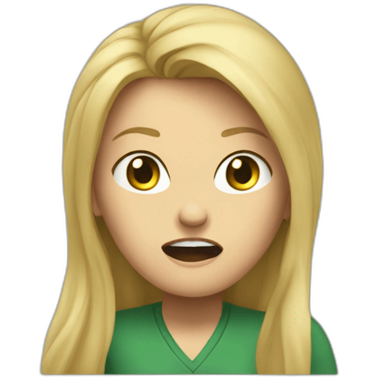 front view angry woman teacher long blonde hair dark eyes green shirt no glasses screaming emoji