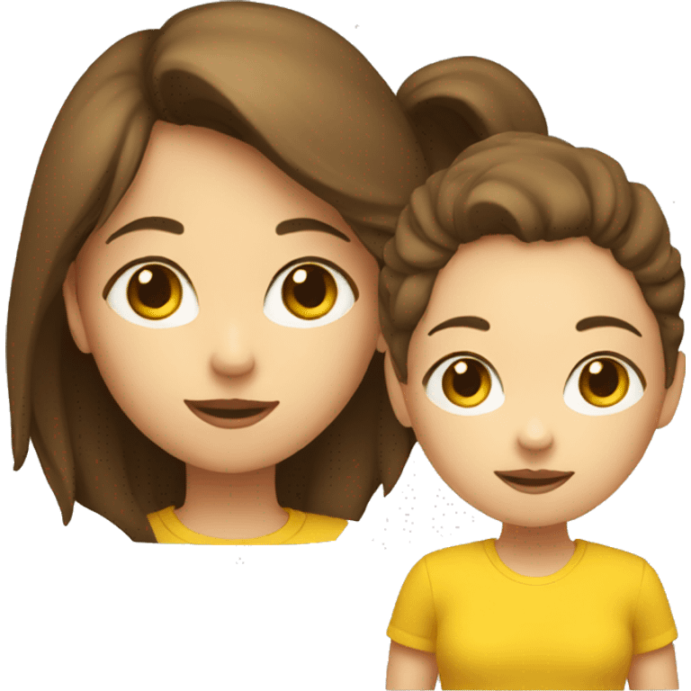 a girl with brown hair in a yellow t-shirt with a black small circle on it emoji