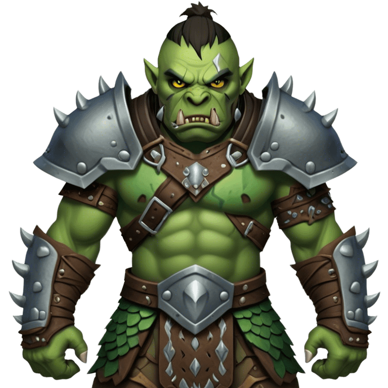 Cinematic Realistic WoW Orc Warrior Portrait, captured in a dynamic, battle-ready stance, muscles bulging beneath intricately detailed tribal armor accented with dark leather and iron. His fierce, determined eyes and battle-scarred green skin are rendered with dramatic natural lighting and high shine, exuding raw, relentless fury in a fierce combat pose. emoji