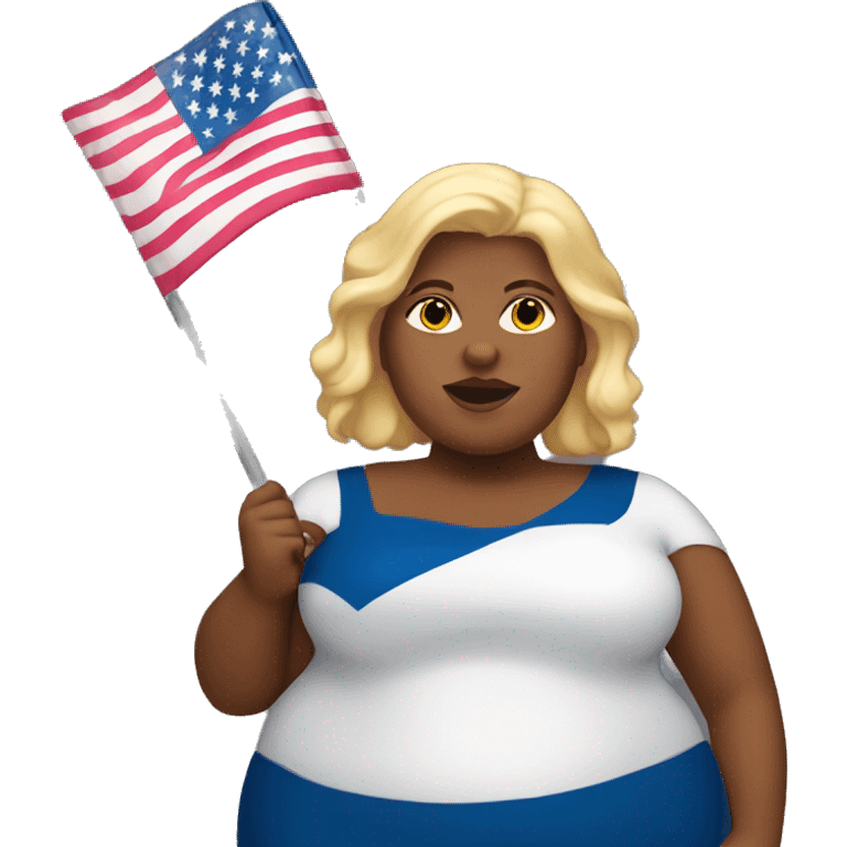 very fat lady with blonde hair and holding an american flag emoji