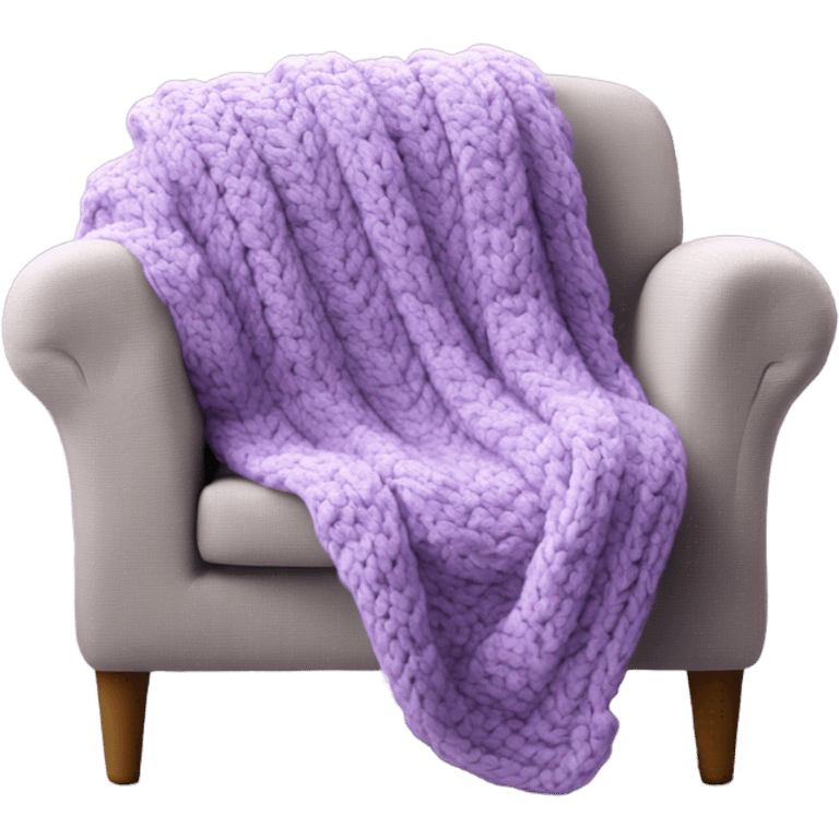 Design an inviting emoji of a chunky knit blanket folded on a comfy chair, with , evoking a cozy home setting.light purple emoji