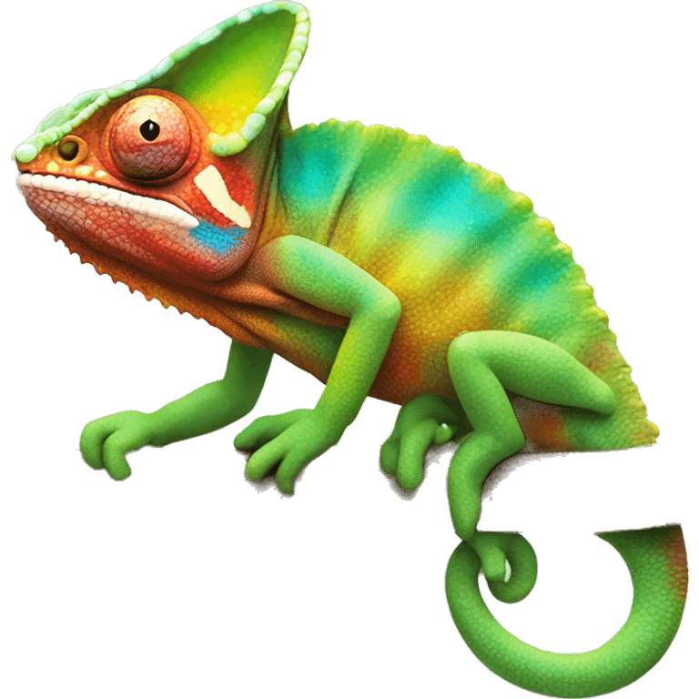 A multicoloured chameleon standing on a tree branch emoji