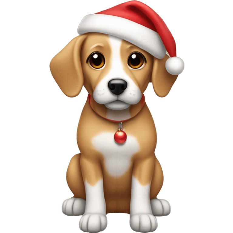 Small Tan dog with floppy ears in a Santa hat emoji