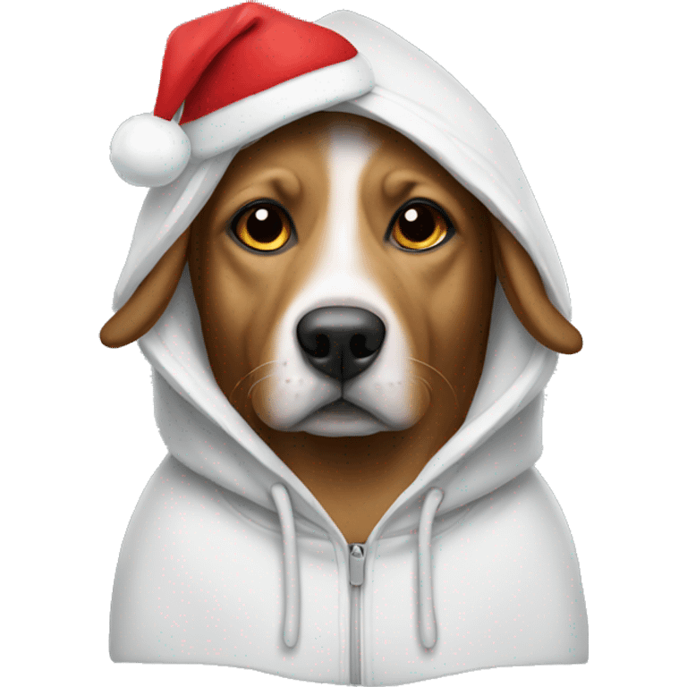 Dog wearing a hoodie with a Christmas hat emoji