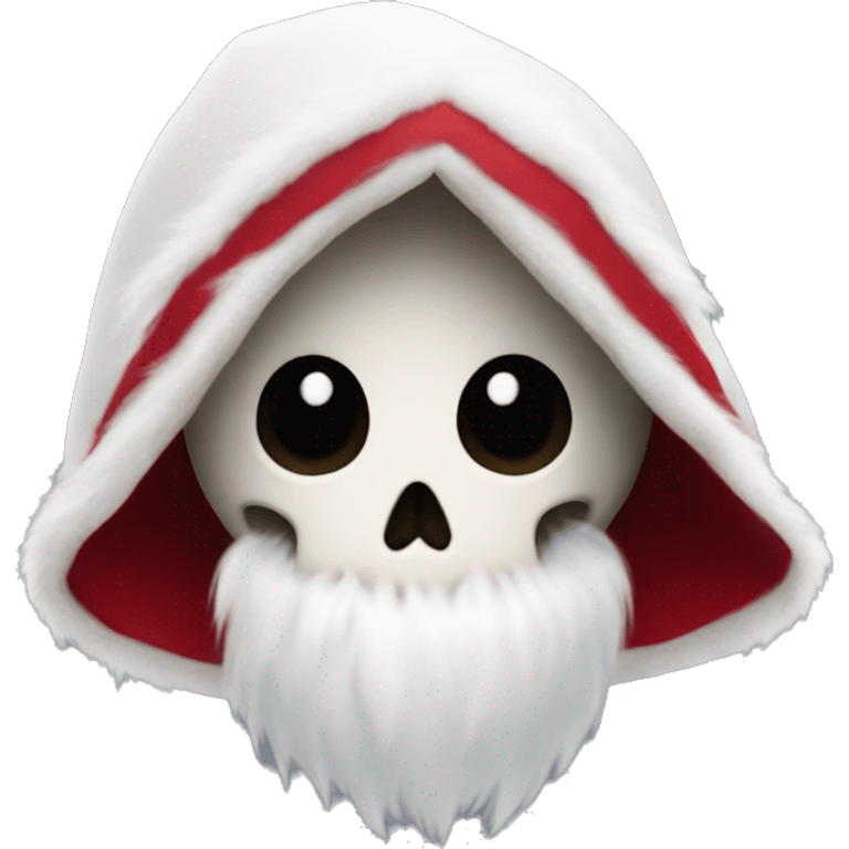 Cute, happy little skull wearing a red velvet hood with fluffy white fur trim. emoji