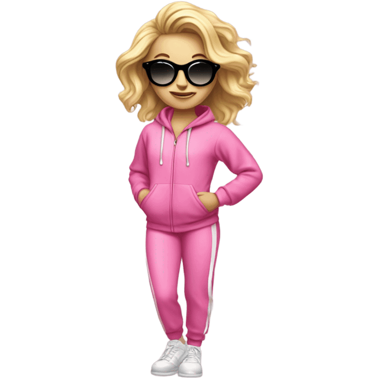 dancing-fair-haired-white-girl-pink-oversize-tracksuit-black-glasses emoji