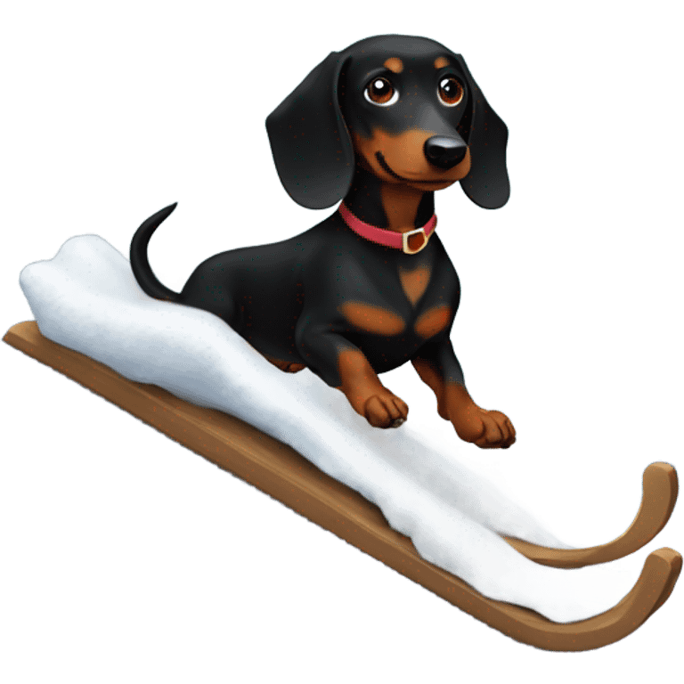 Black dachshund sledding down a mountain emoji