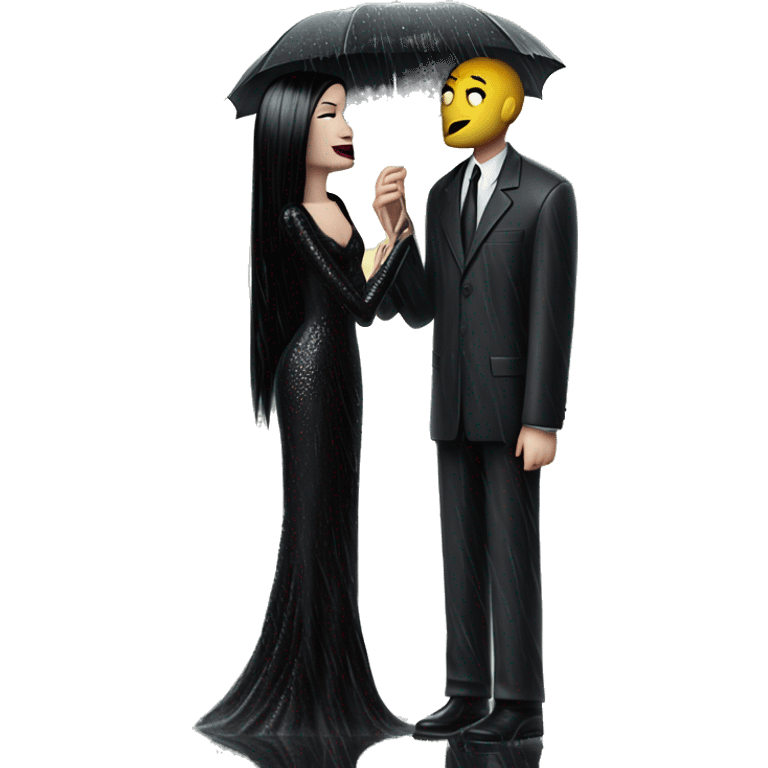 Realistic silkstone morticia addams gentle kissing sweetly Kurt Cobain in the rain. emoji