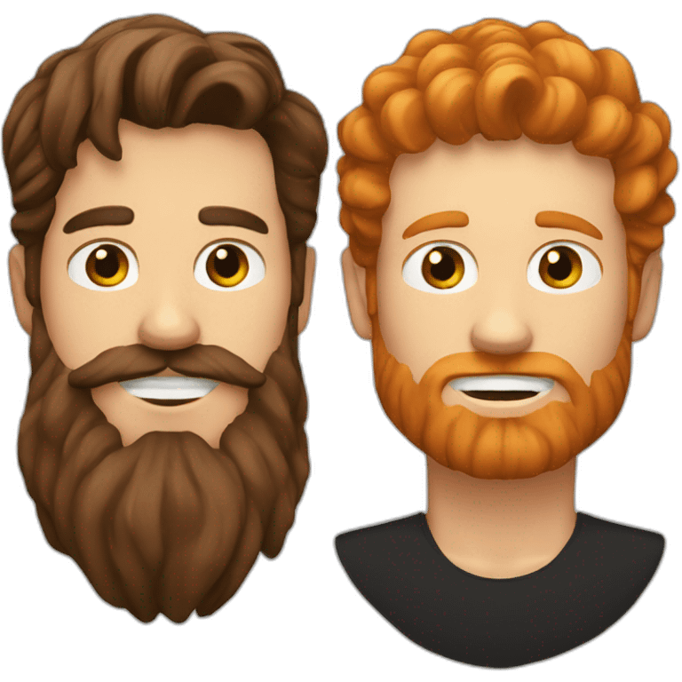 White guy with brown hair color and ginger beard kissing a white guy with black hair color emoji