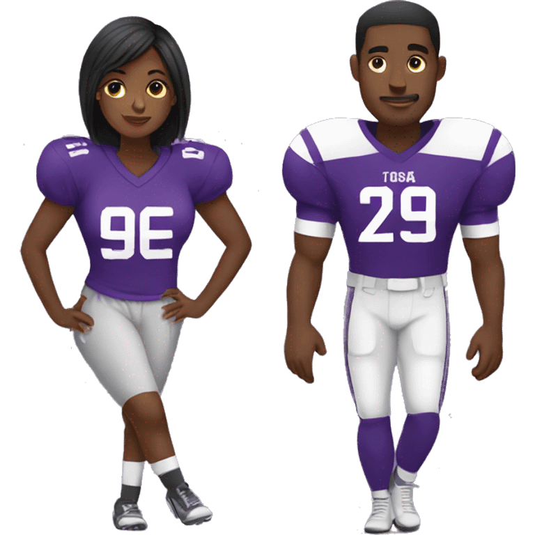 Black couple watching American football in purple jerseys emoji