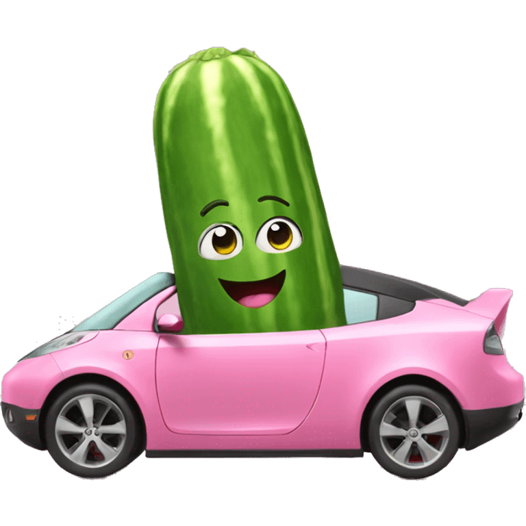 cute cucumber riding a pink tesla emoji