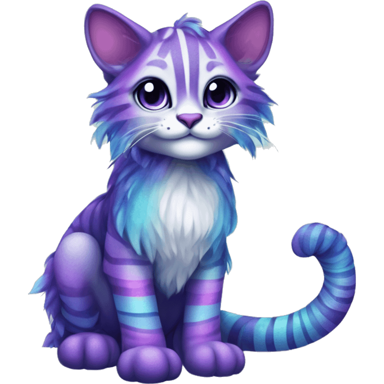 Colorful vernid fantasy creature LiLaiRa Kamirah Falvie whiskers paws full body sparkle purple blue gradient stripes braided tail feline emoji