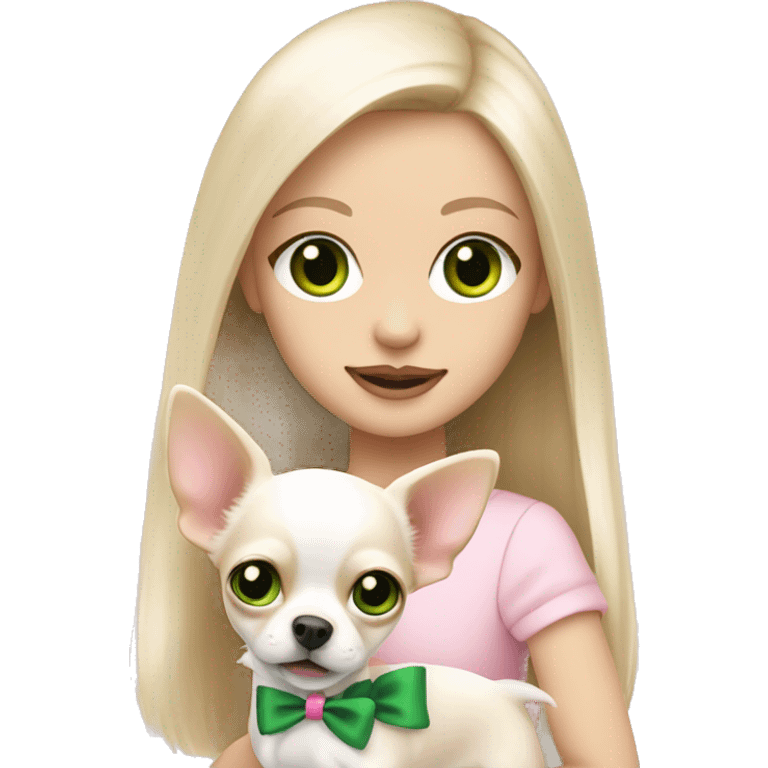 pale blond girl with long platinum hair with green eyes holding a white chihuahua puppy that wearing a pink bow emoji