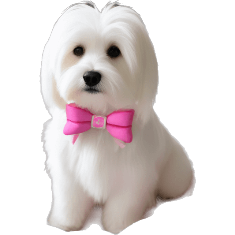 Long haired Coton de Tulear dog with pink harness and pink hair bow, pink dog bed, Zoey written on her bed emoji