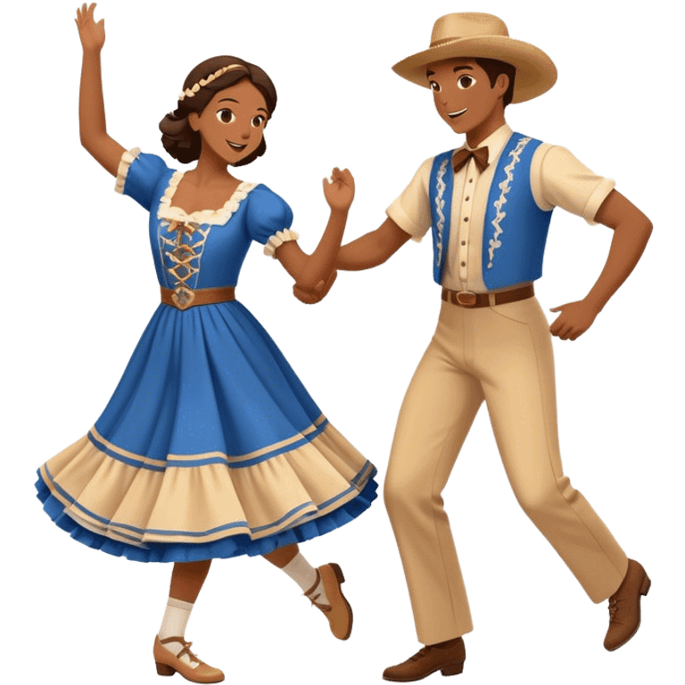 Cinematic Realistic scene of two square dancers in traditional American folk costumes, captured in joyful, coordinated motion with vibrant, rustic lighting that highlights their cultural heritage emoji