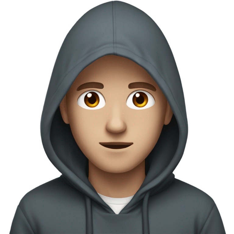 A white person wearing a black hoodie with blue and brown eyes and a scar emoji