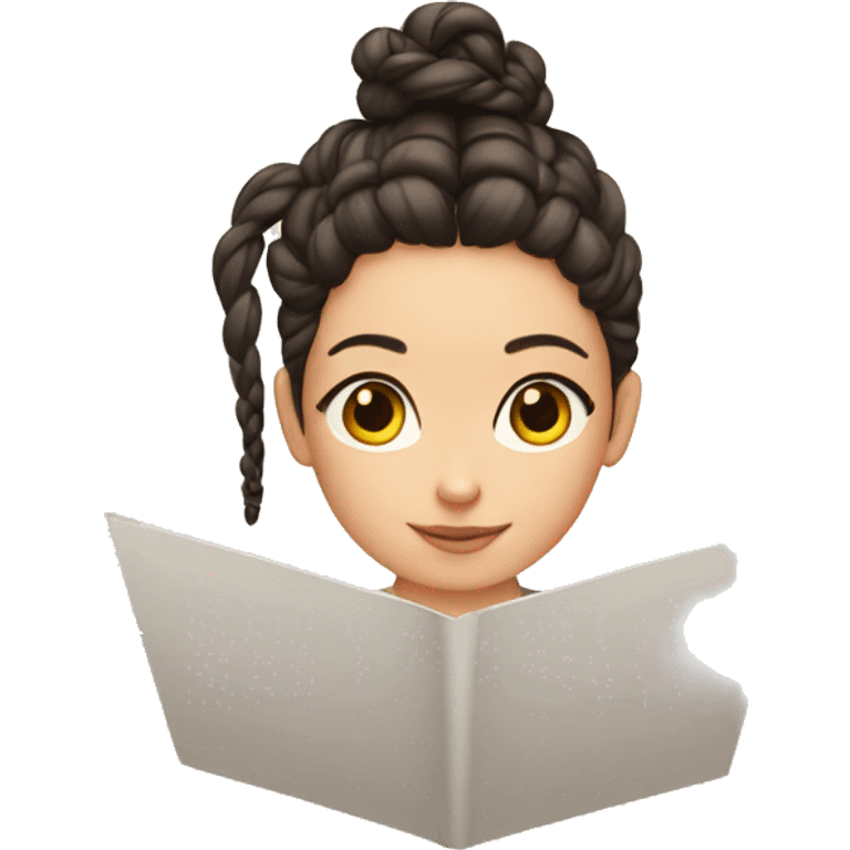 A girl with dark hair and two braided hairpieces writes a letter emoji