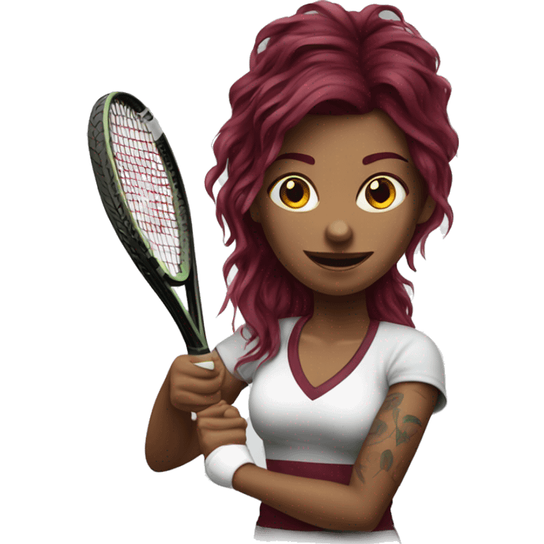 Beautiful tattooed  burgundy long haired woman playing tennis emoji