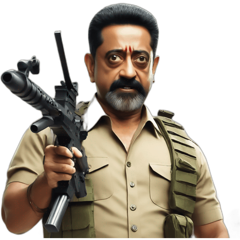 KamalHassan in Vikram with machine gun emoji