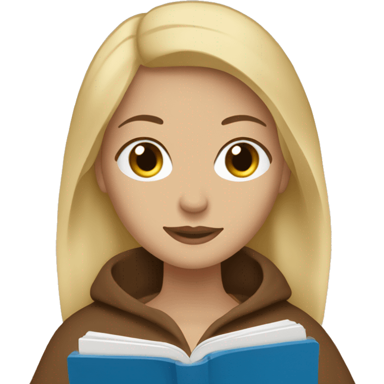 blonde woman with blue eyes in a brown blanket with a beige book in her handsemoji emoji