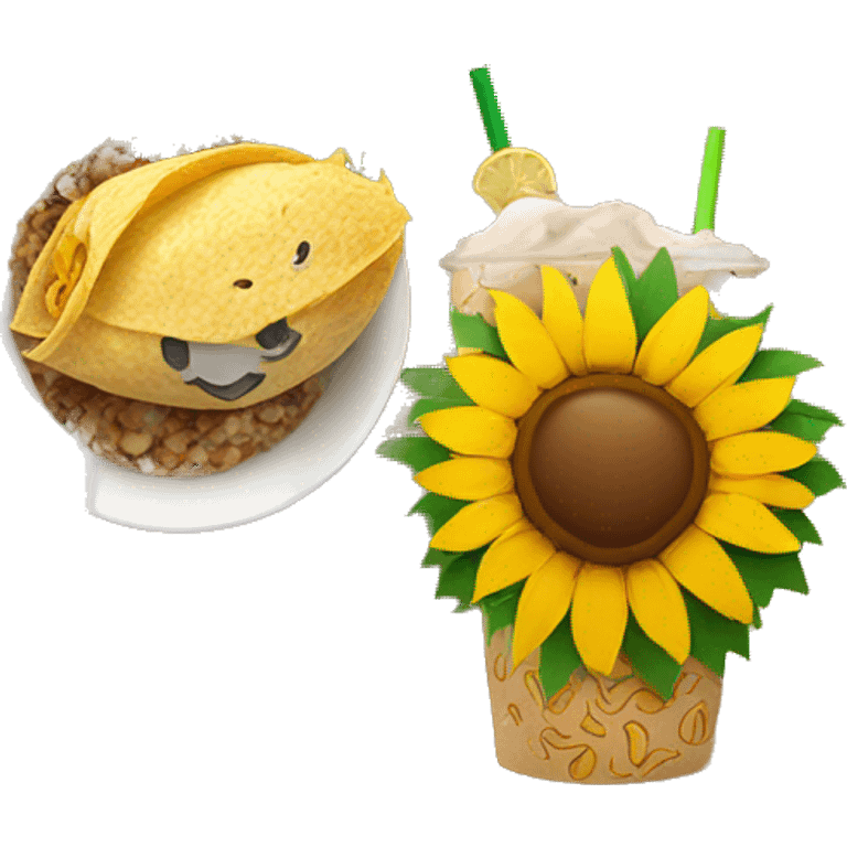 Sunflower on the beach eating a burrito and having a drink emoji