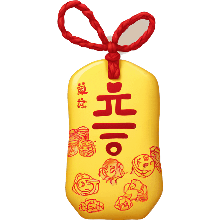 yellow omamori with red drawings and letters emoji