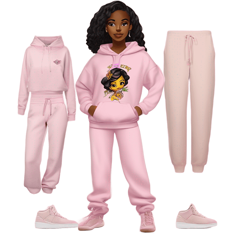 Light skin black girl, straight black hair, standing up straight, wearing a pale pink cropped Ed hardy hoodie with Ed hardy logo, along with pale pink baggy wide leg Ed hardy sweatpants with Ed hardy logo, with pale pink ugg slippers emoji